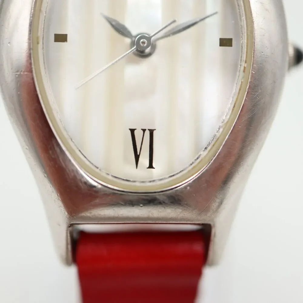 Vintage 1996 Guess Striped MOP Watch 22mm Oval Dial Red Leather w New Battery